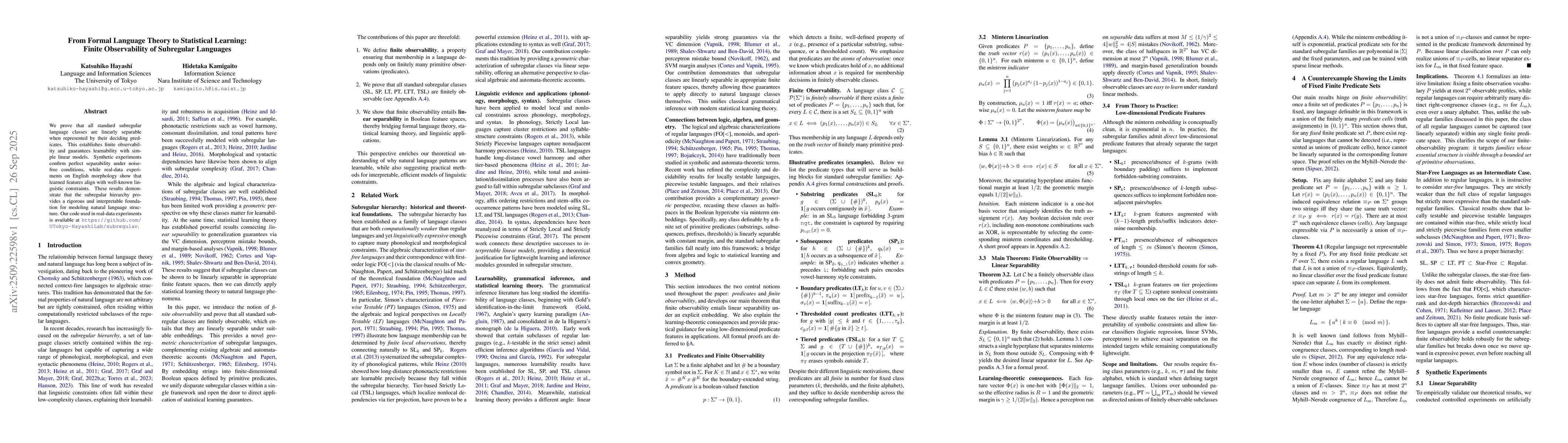 Thumbnail for From Formal Language Theory to Statistical Learning: Finite
  Observability of Subregular Languages
