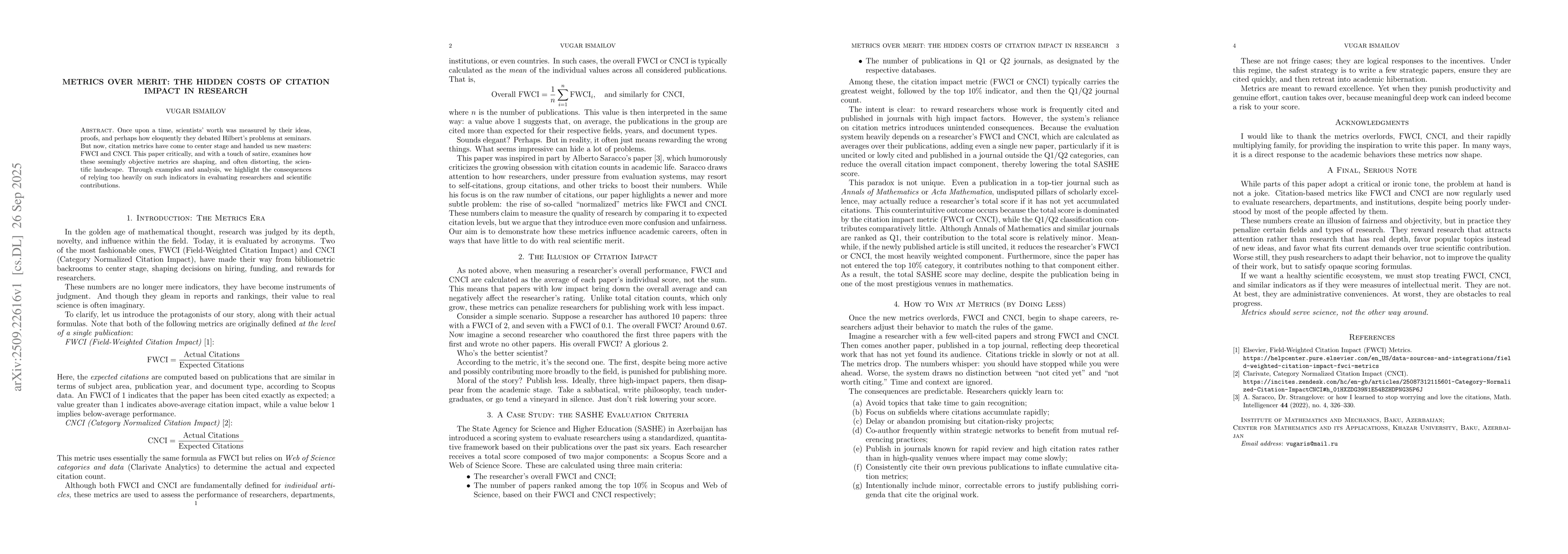 Thumbnail for Metrics Over Merit: The Hidden Costs of Citation Impact in Research