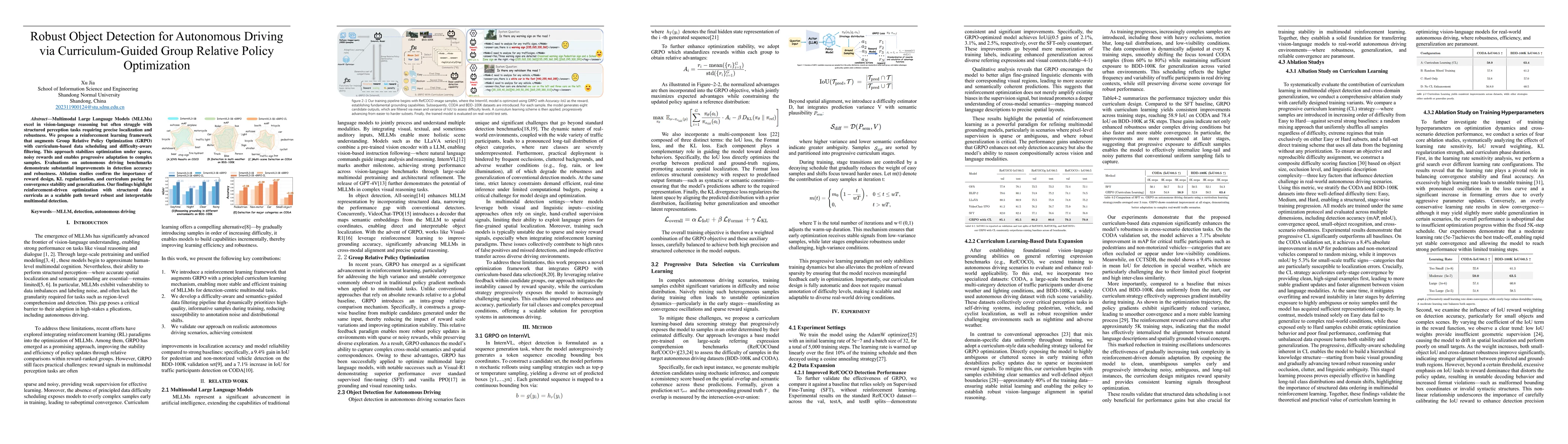 Thumbnail for Robust Object Detection for Autonomous Driving via Curriculum-Guided
  Group Relative Policy Optimization