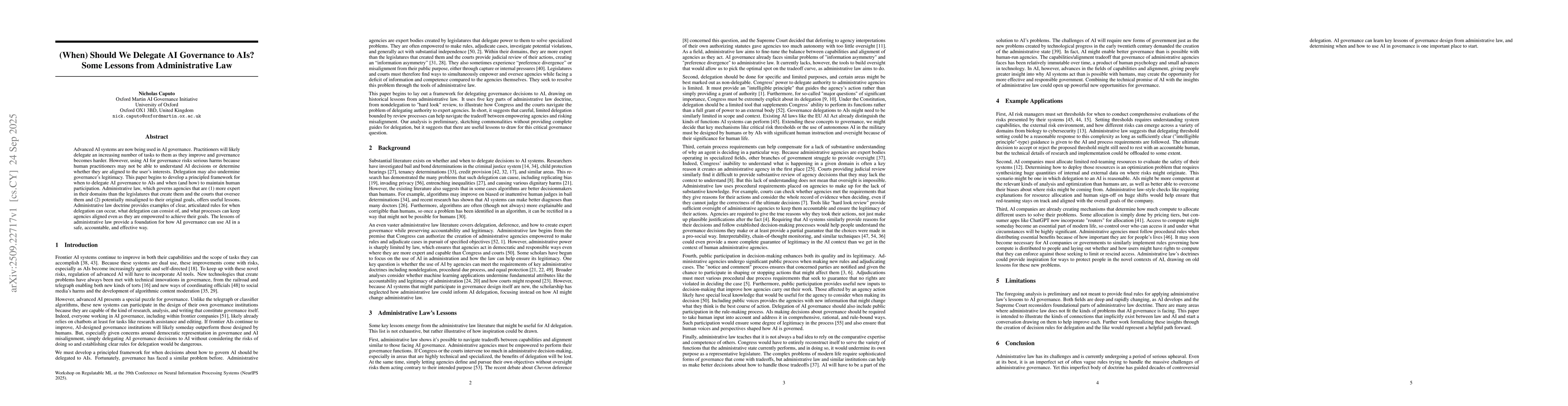 Thumbnail for (When) Should We Delegate AI Governance to AIs? Some Lessons from
  Administrative Law