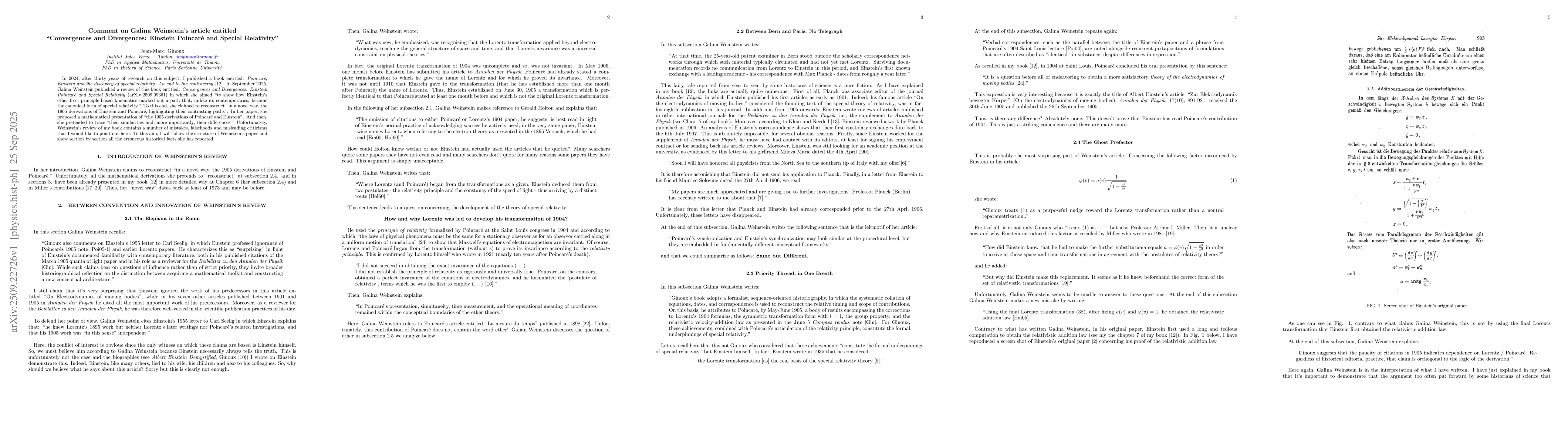 Thumbnail for Comment on Galina Weinstein's article entitled "Convergences and
  Divergences: Einstein Poincaré and Special Relativity"