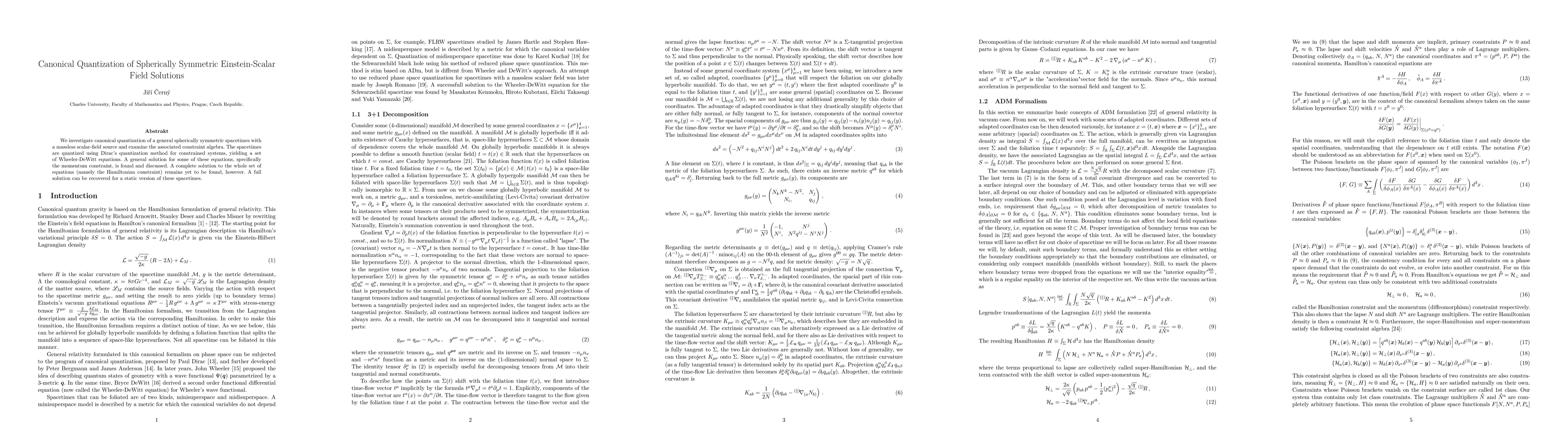 Thumbnail for Canonical Quantization of Spherically Symmetric Einstein-Scalar Field
  Solutions