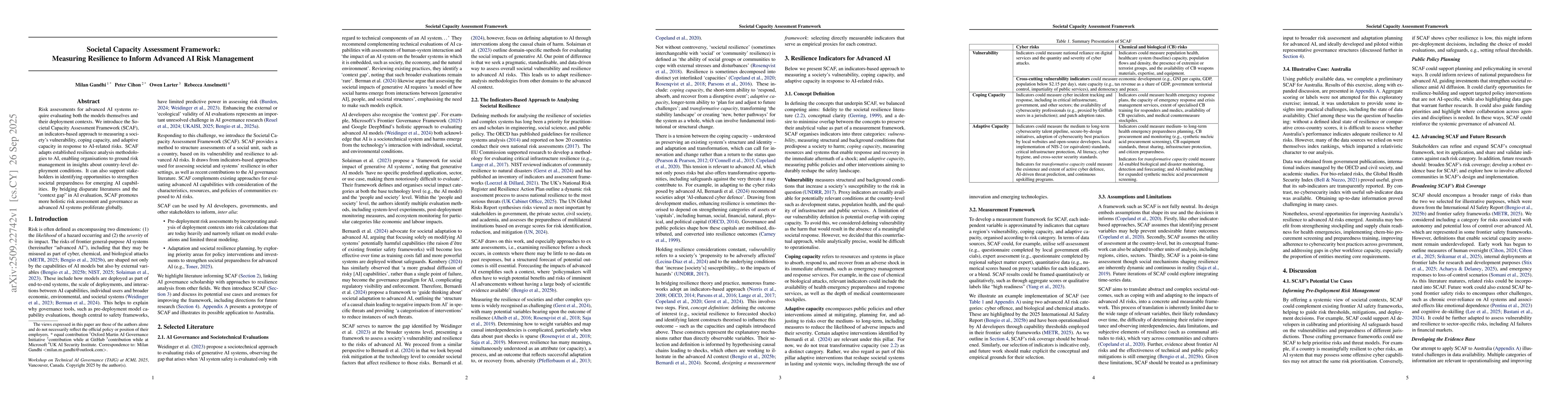 Thumbnail for Societal Capacity Assessment Framework: Measuring Resilience to Inform
  Advanced AI Risk Management
