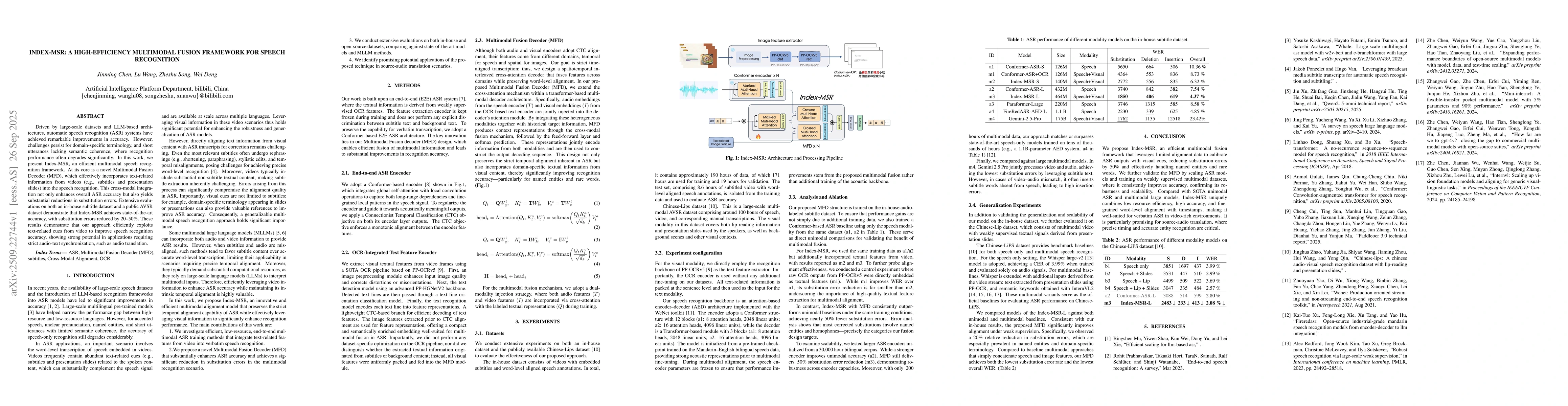 Thumbnail for Index-MSR: A high-efficiency multimodal fusion framework for speech
  recognition