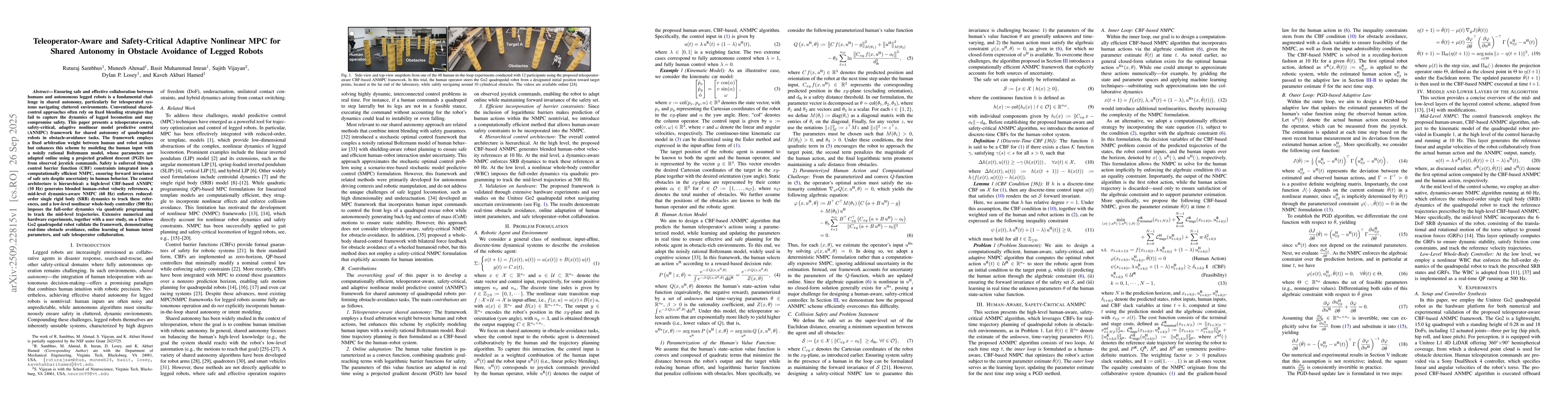 Thumbnail for Teleoperator-Aware and Safety-Critical Adaptive Nonlinear MPC for Shared
  Autonomy in Obstacle Avoidance of Legged Robots