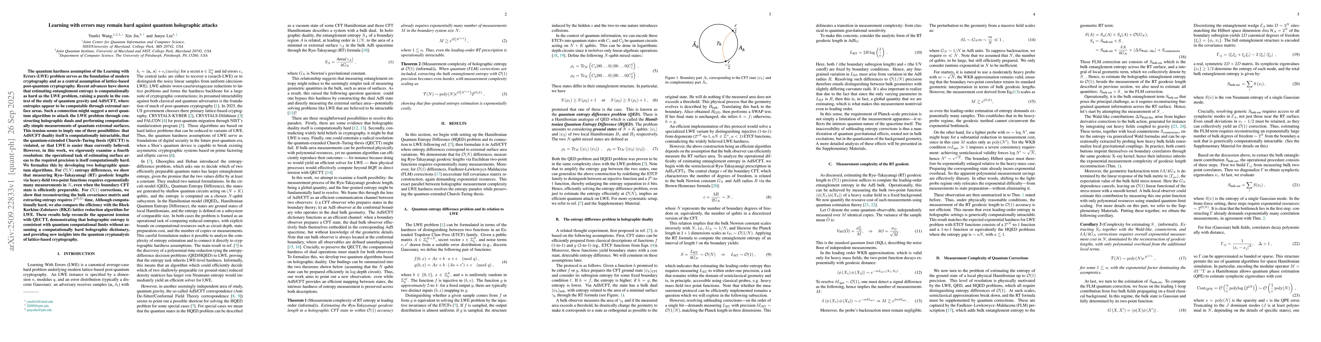 Thumbnail for Learning with errors may remain hard against quantum holographic attacks