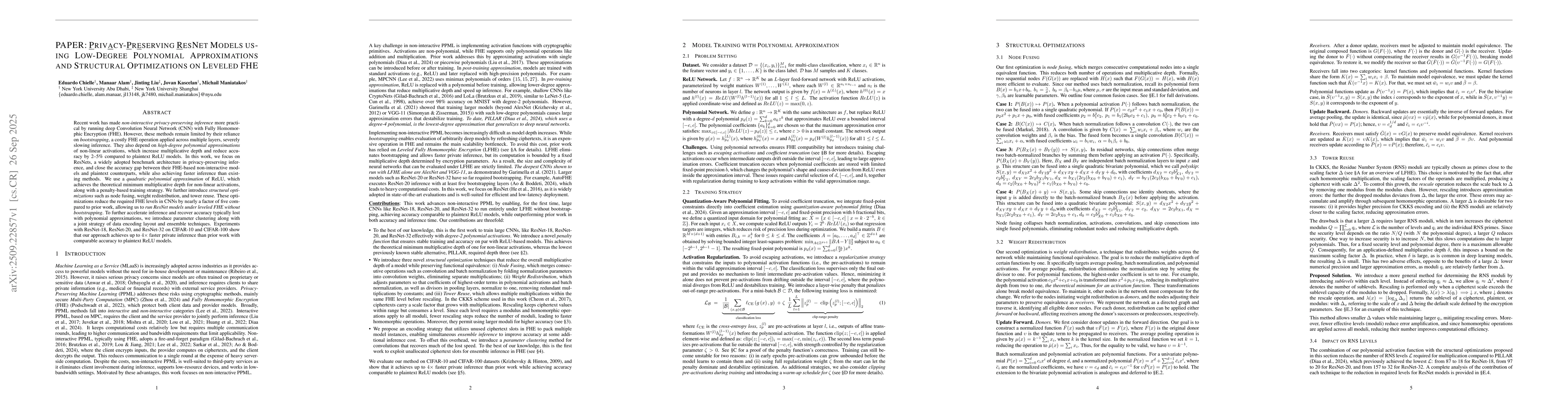 Thumbnail for PAPER: Privacy-Preserving ResNet Models using Low-Degree Polynomial
  Approximations and Structural Optimizations on Leveled FHE