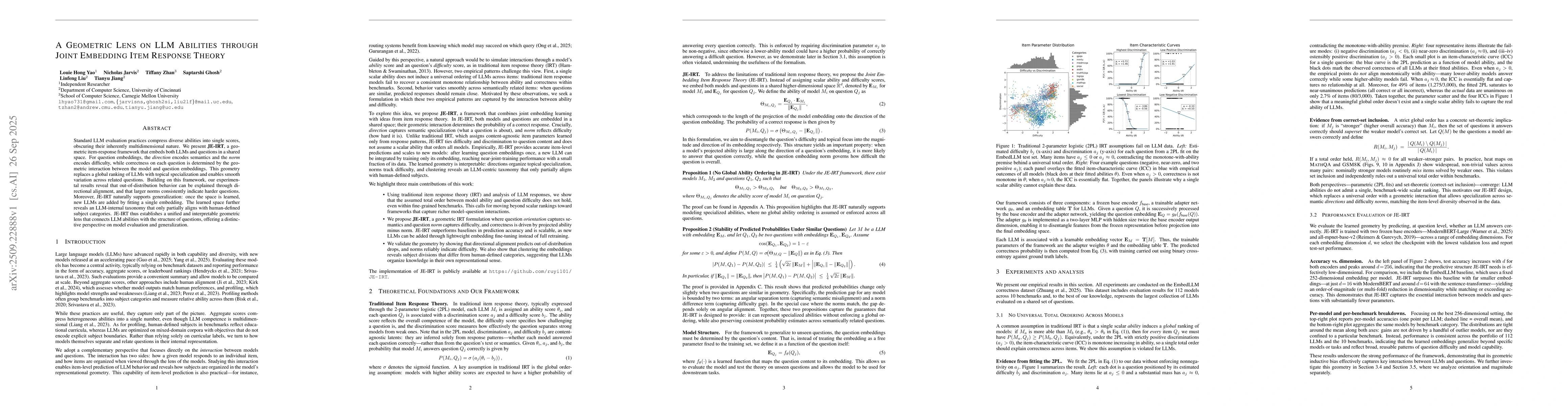 Thumbnail for JE-IRT: A Geometric Lens on LLM Abilities through Joint Embedding Item
  Response Theory