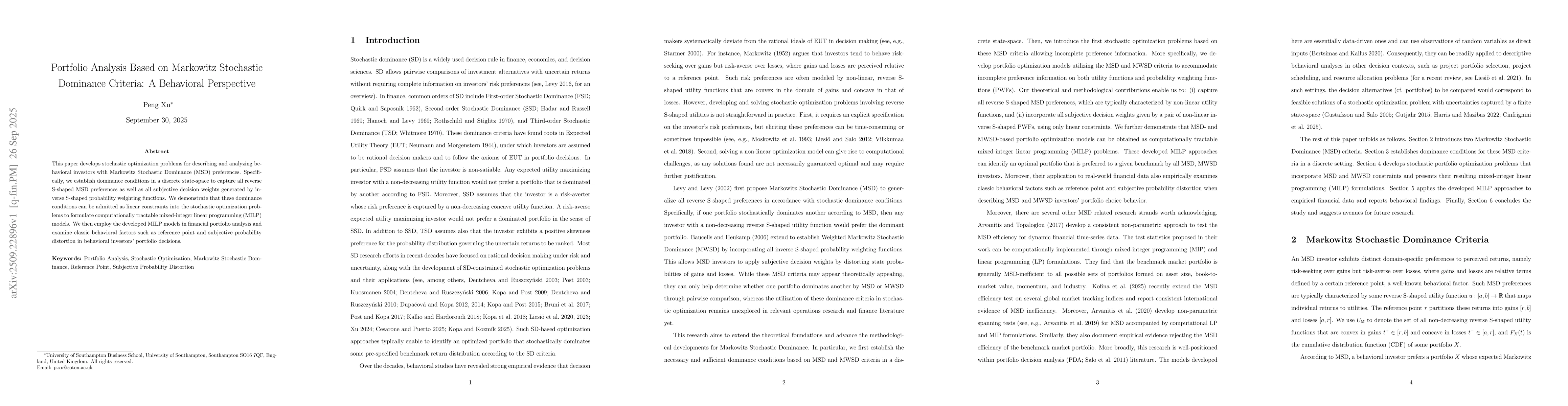 Thumbnail for Portfolio Analysis Based on Markowitz Stochastic Dominance Criteria: A
  Behavioral Perspective