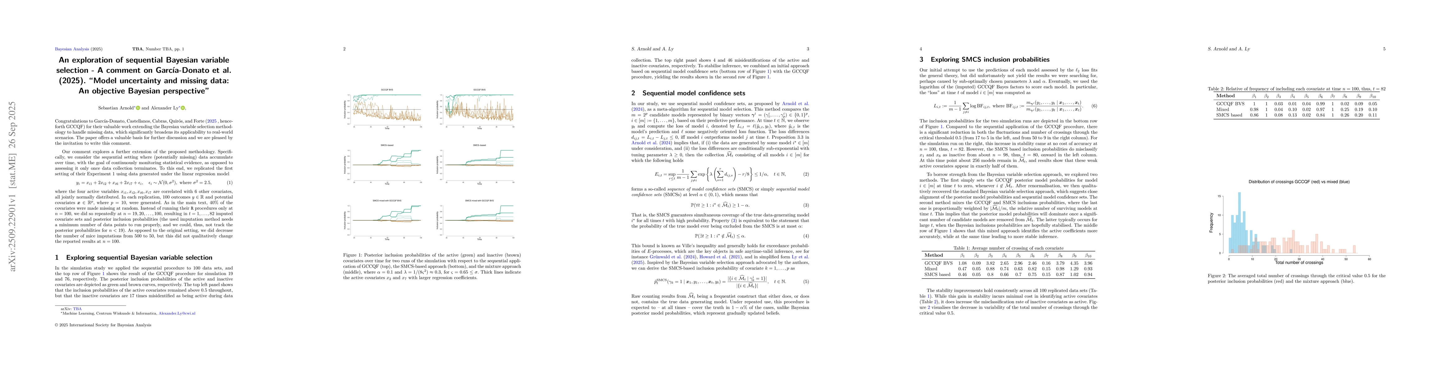 Thumbnail for An exploration of sequential Bayesian variable selection -- A comment on
  García-Donato et al. (2025). "Model uncertainty and missing data: An
  objective Bayesian perspective"