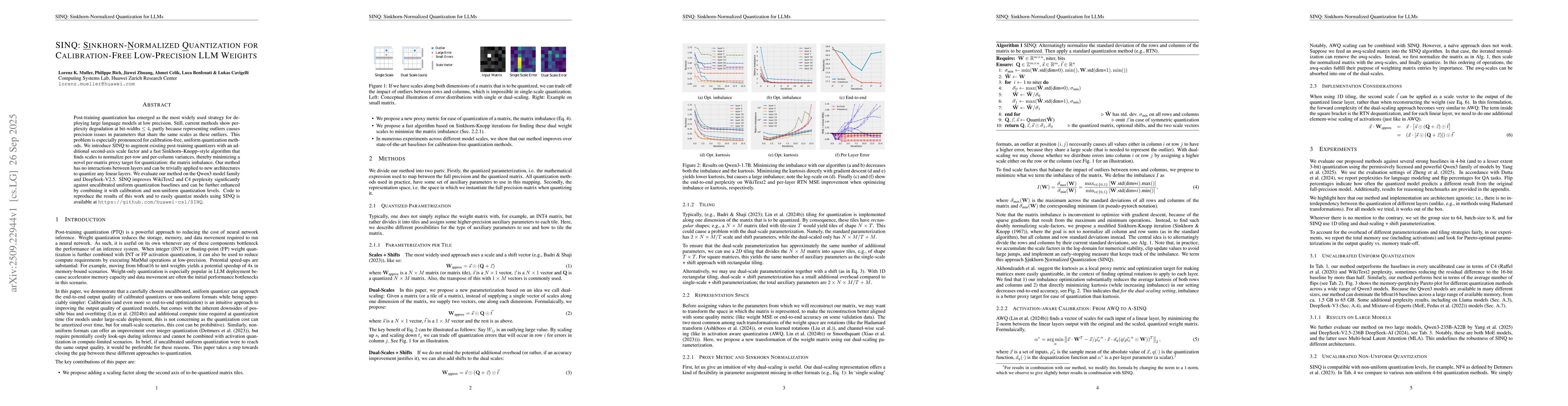 Thumbnail for SINQ: Sinkhorn-Normalized Quantization for Calibration-Free
  Low-Precision LLM Weights