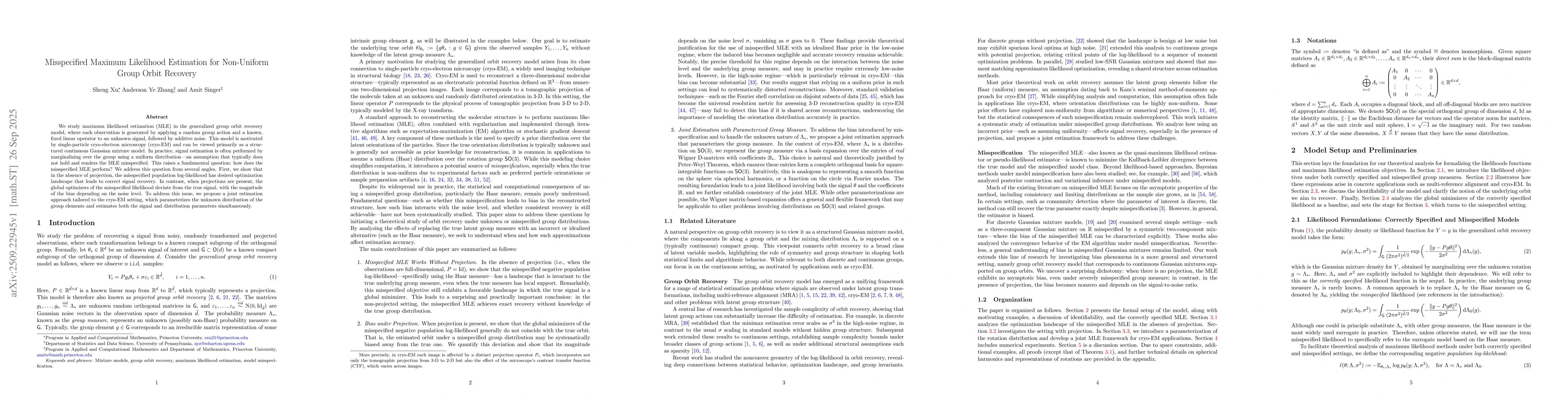Thumbnail for Misspecified Maximum Likelihood Estimation for Non-Uniform Group Orbit
  Recovery