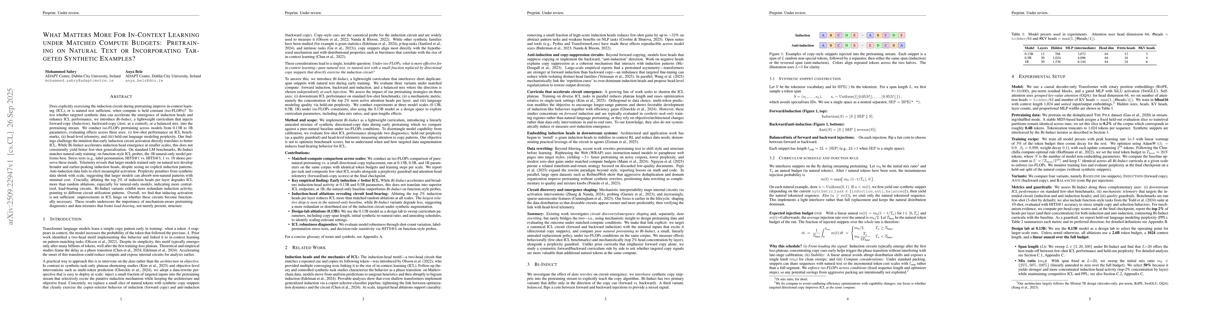 Thumbnail for What Matters More For In-Context Learning under Matched Compute Budgets:
  Pretraining on Natural Text or Incorporating Targeted Synthetic Examples?