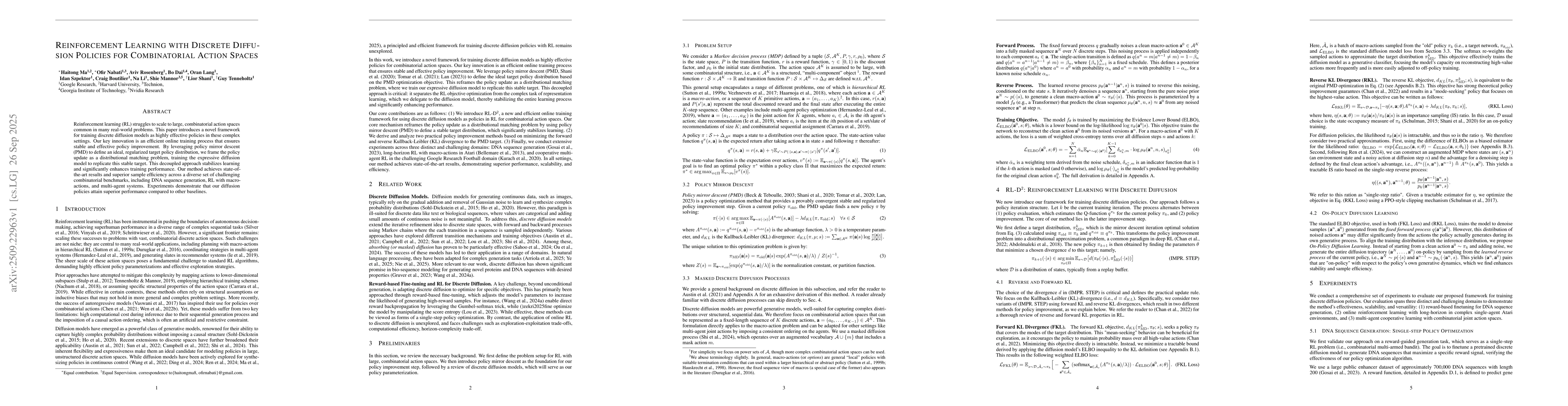 Thumbnail for Reinforcement Learning with Discrete Diffusion Policies for
  Combinatorial Action Spaces