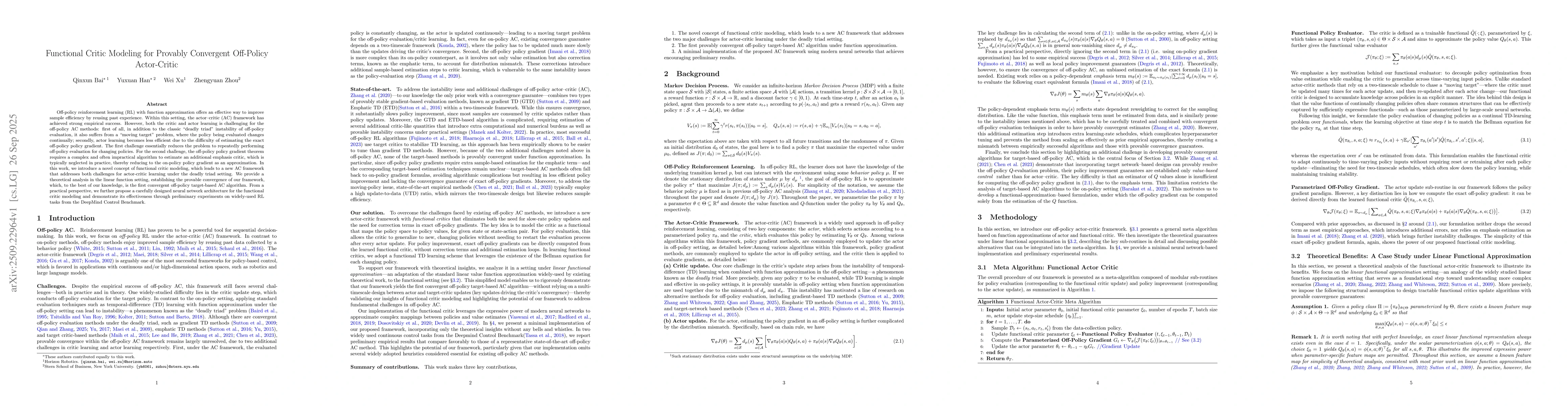 Thumbnail for Functional Critic Modeling for Provably Convergent Off-Policy
  Actor-Critic