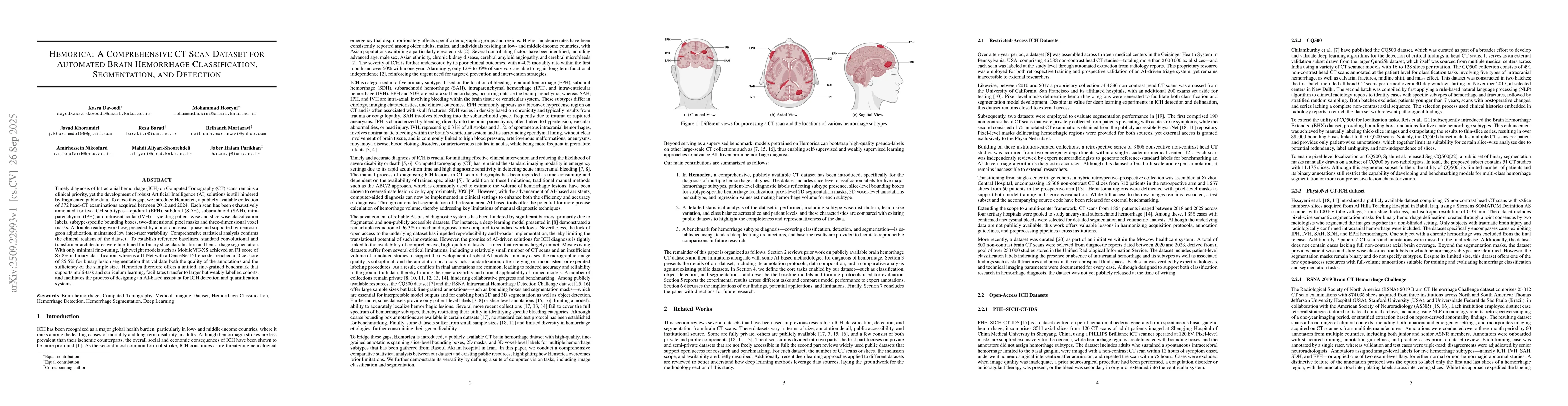 Thumbnail for Hemorica: A Comprehensive CT Scan Dataset for Automated Brain Hemorrhage
  Classification, Segmentation, and Detection