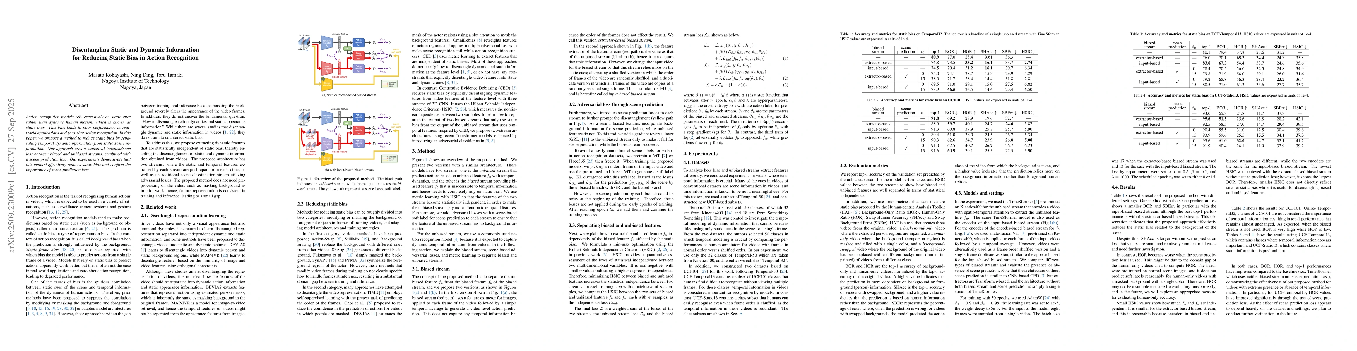 Thumbnail for Disentangling Static and Dynamic Information for Reducing Static Bias in
  Action Recognition