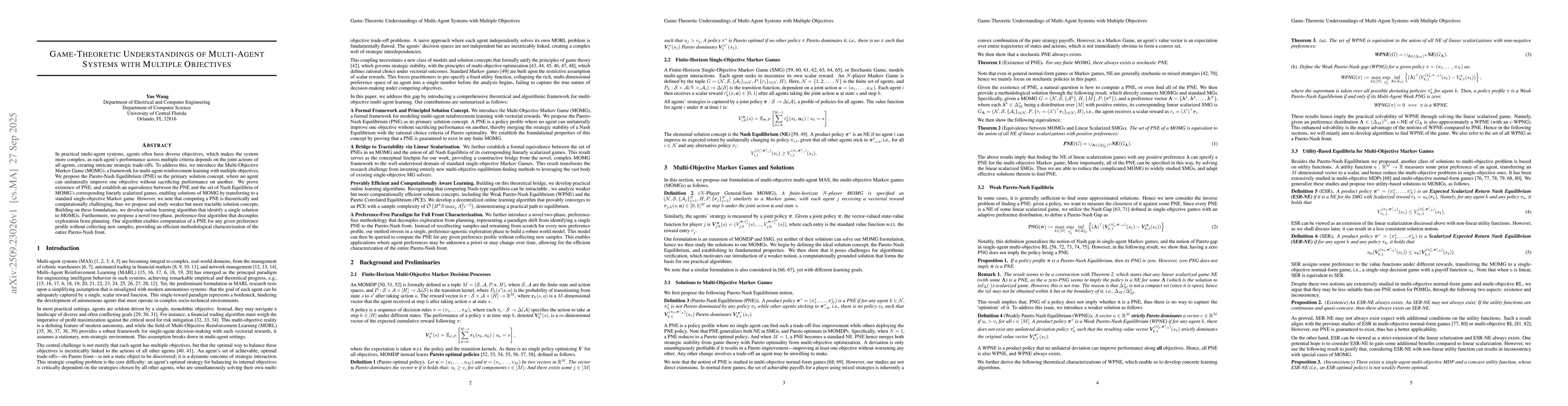 Thumbnail for Game-Theoretic Understandings of Multi-Agent Systems with Multiple
  Objectives