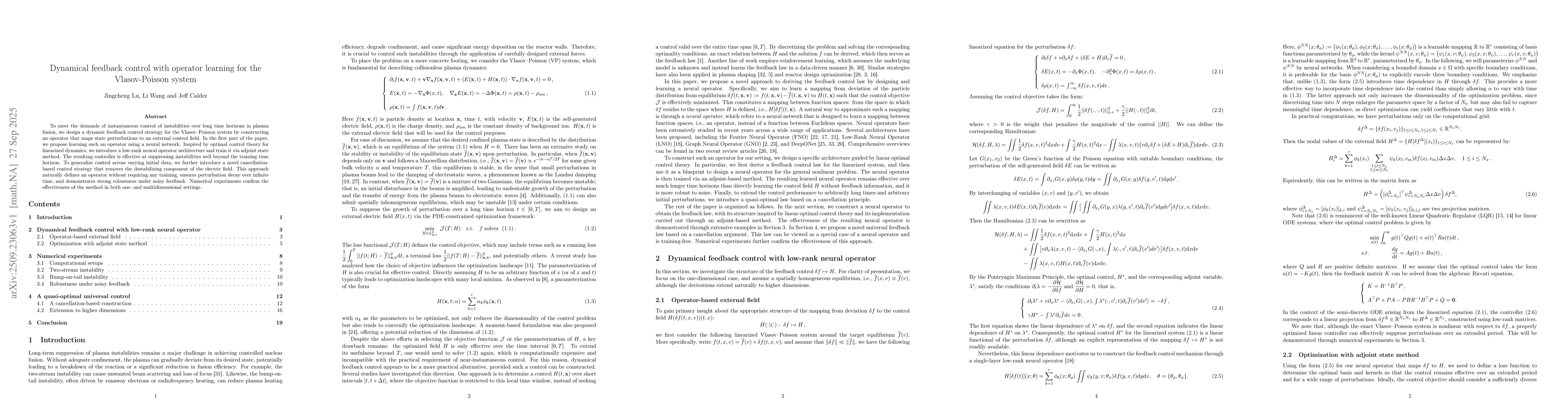 Thumbnail for Dynamical feedback control with operator learning for the Vlasov-Poisson
  system