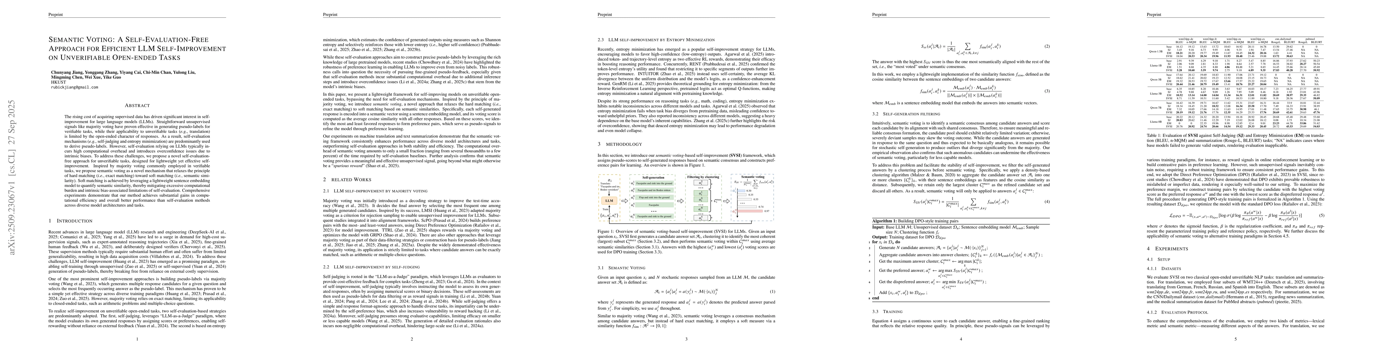 Thumbnail for Semantic Voting: A Self-Evaluation-Free Approach for Efficient LLM
  Self-Improvement on Unverifiable Open-ended Tasks
