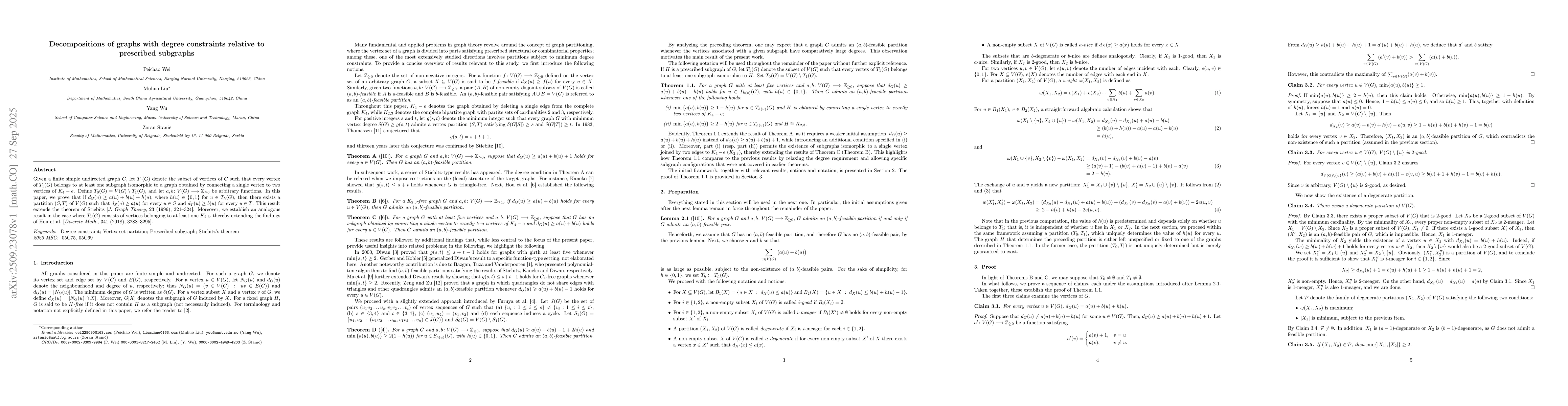 Thumbnail for Decompositions of graphs with degree constraints relative to prescribed
  subgraphs
