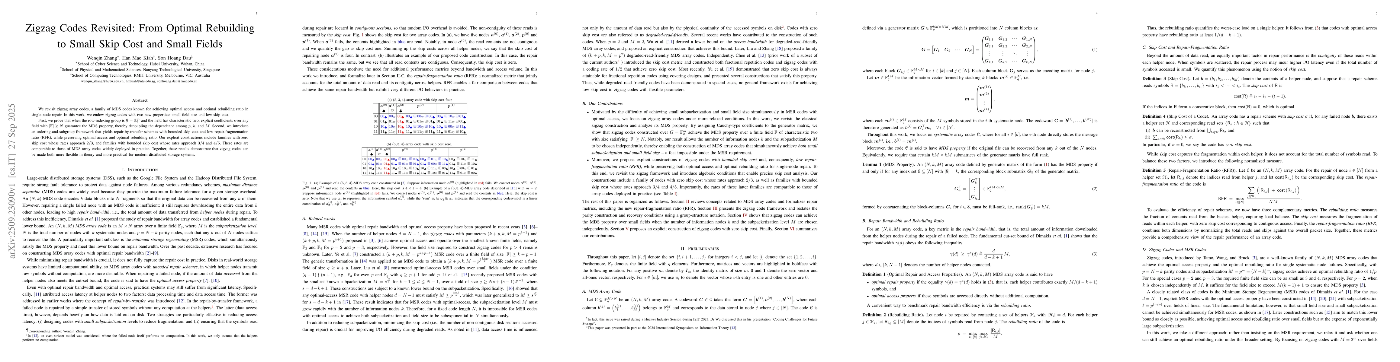 Thumbnail for Zigzag Codes Revisited: From Optimal Rebuilding to Small Skip Cost and
  Small Fields