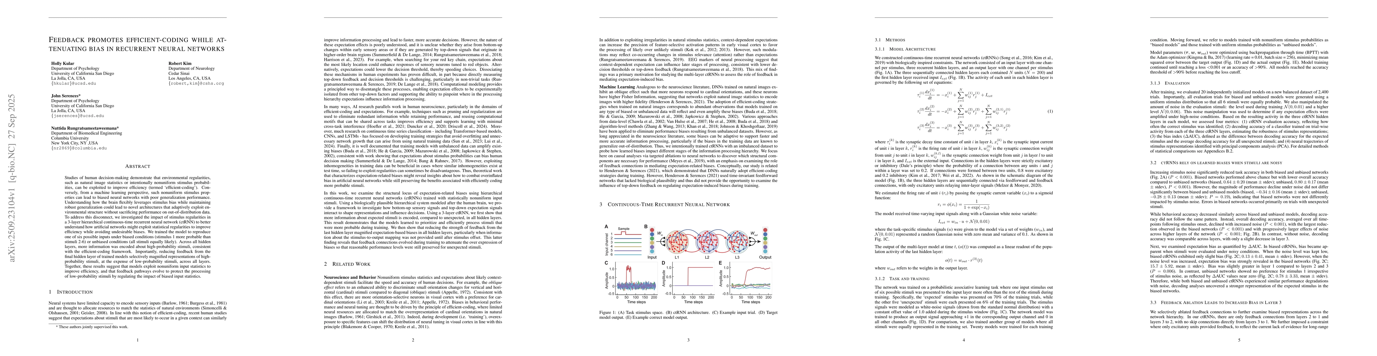 Thumbnail for Feedback promotes efficient-coding while attenuating bias in recurrent
  neural networks
