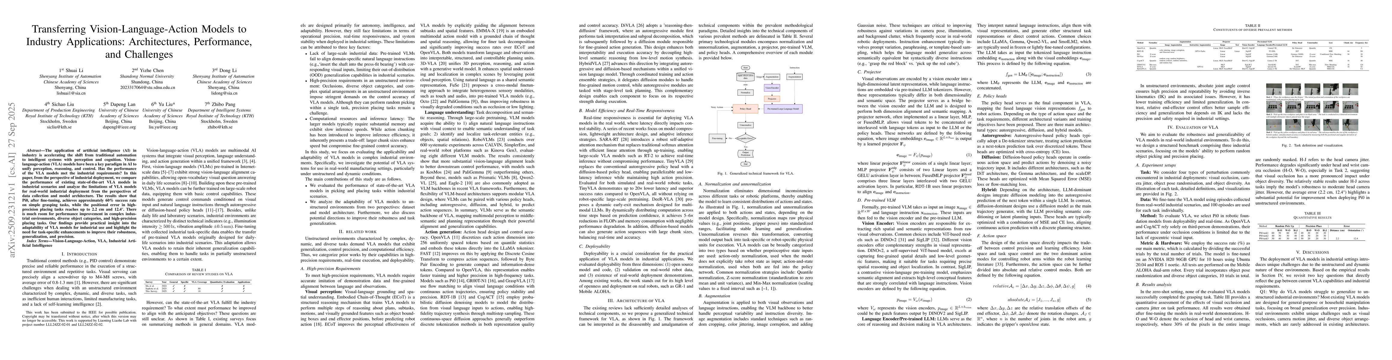 Thumbnail for Transferring Vision-Language-Action Models to Industry Applications:
  Architectures, Performance, and Challenges