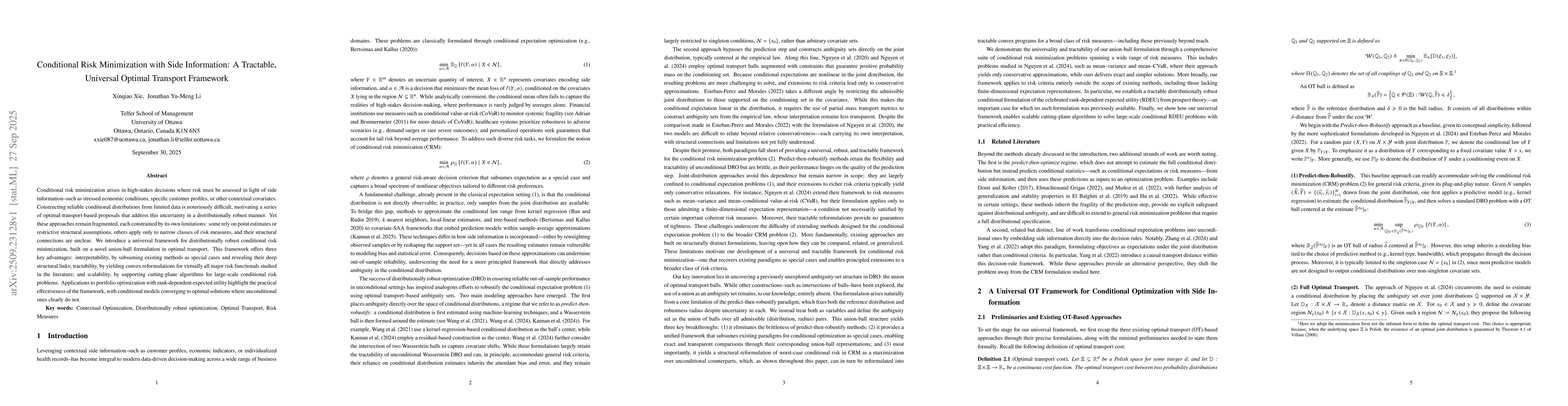 Thumbnail for Conditional Risk Minimization with Side Information: A Tractable,
  Universal Optimal Transport Framework