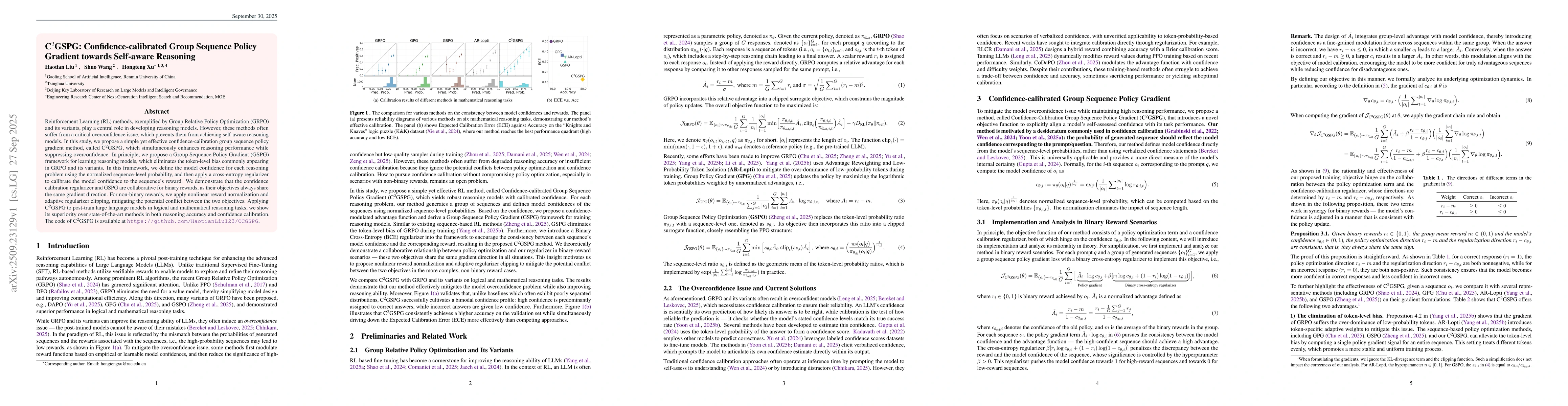 Thumbnail for C$^2$GSPG: Confidence-calibrated Group Sequence Policy Gradient towards
  Self-aware Reasoning