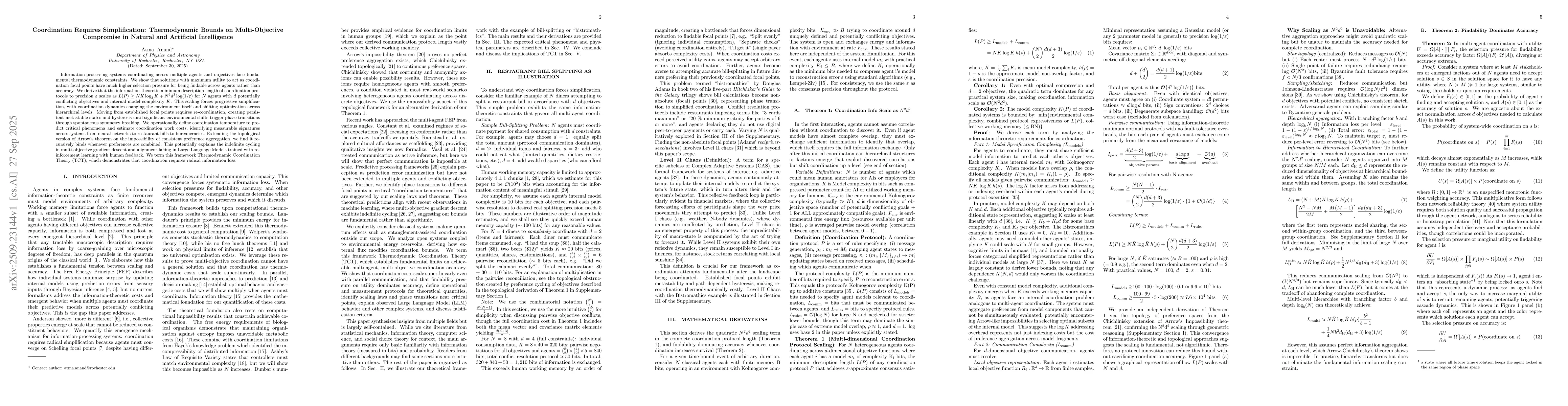 Thumbnail for Coordination Requires Simplification: Thermodynamic Bounds on
  Multi-Objective Compromise in Natural and Artificial Intelligence