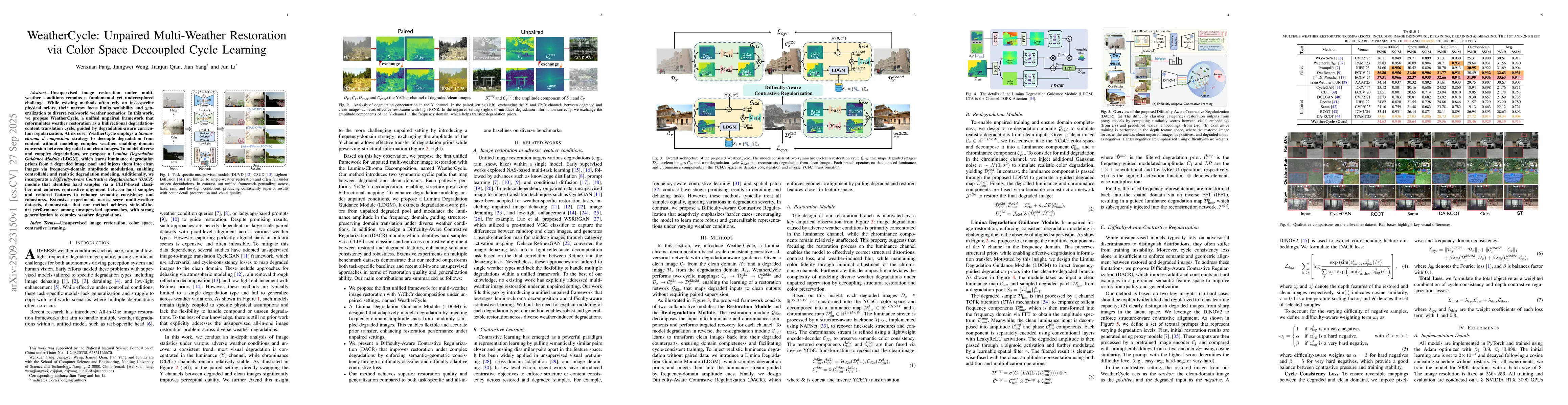 Thumbnail for WeatherCycle: Unpaired Multi-Weather Restoration via Color Space
  Decoupled Cycle Learning