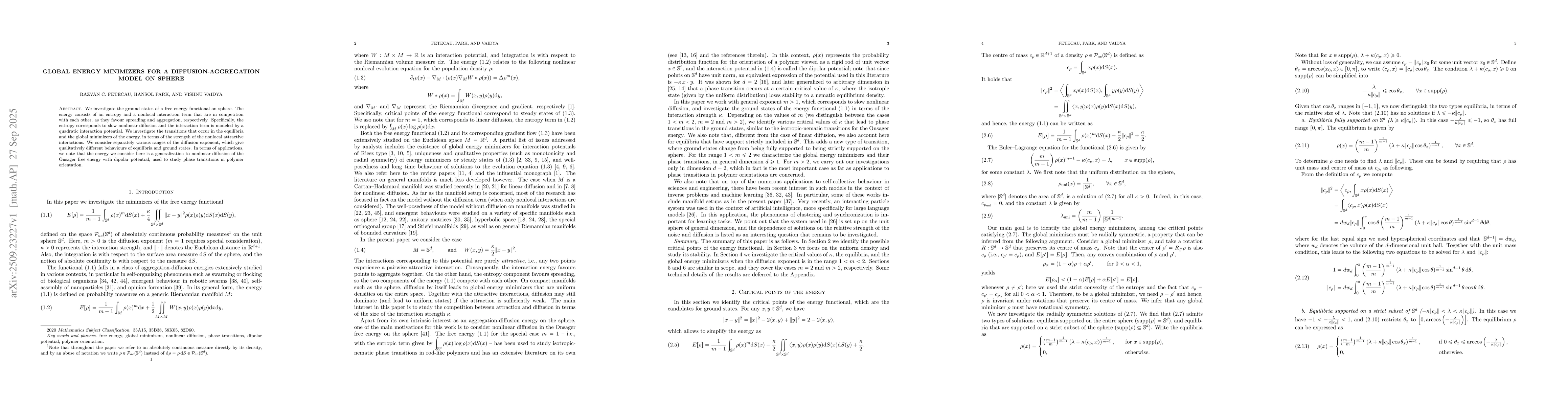 Thumbnail for Global energy minimizers for a diffusion-aggregation model on sphere