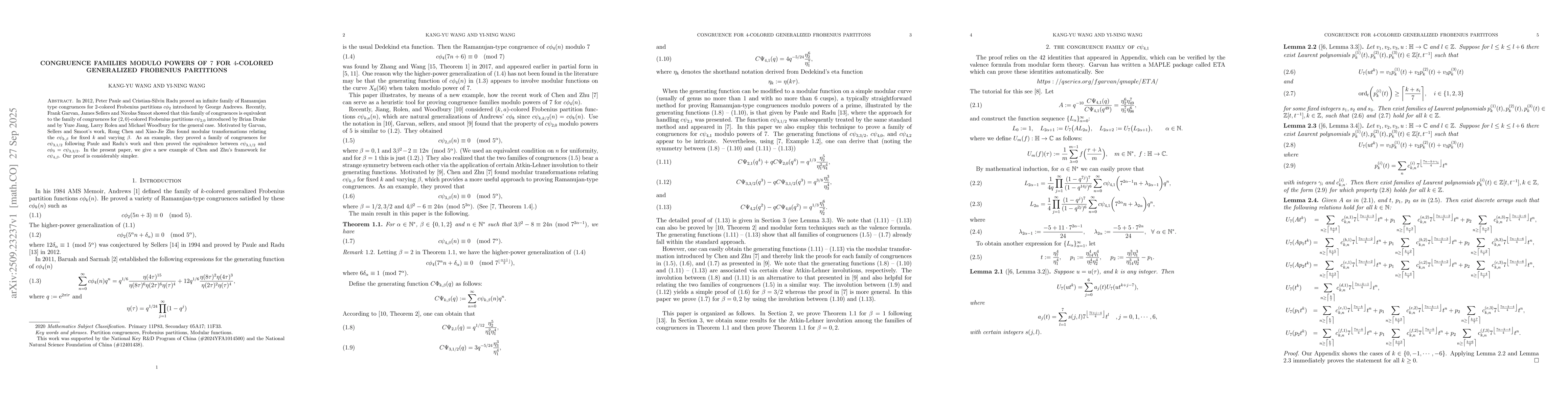 Thumbnail for Congruence families modulo powers of $7$ for $4$-colored generalized
  Frobenius partitions
