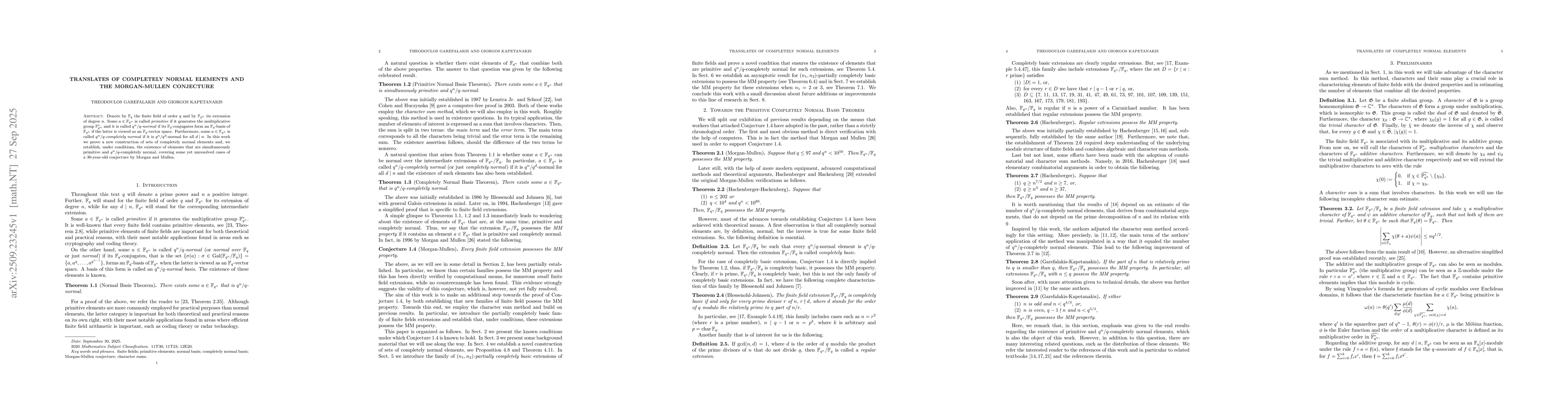 Thumbnail for Translates of completely normal elements and the Morgan-Mullen
  conjecture