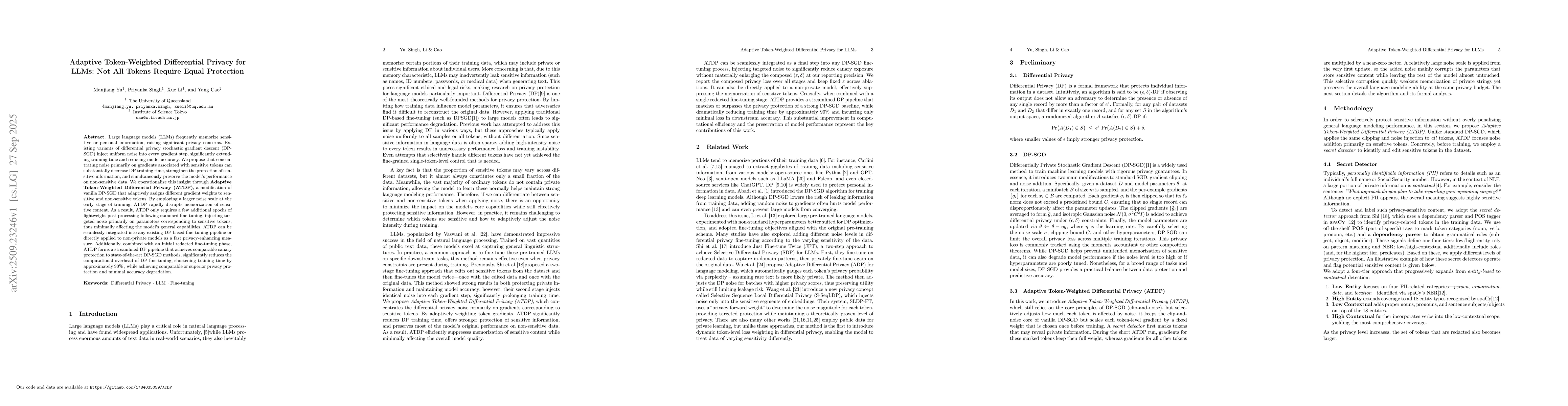 Thumbnail for Adaptive Token-Weighted Differential Privacy for LLMs: Not All Tokens
  Require Equal Protection