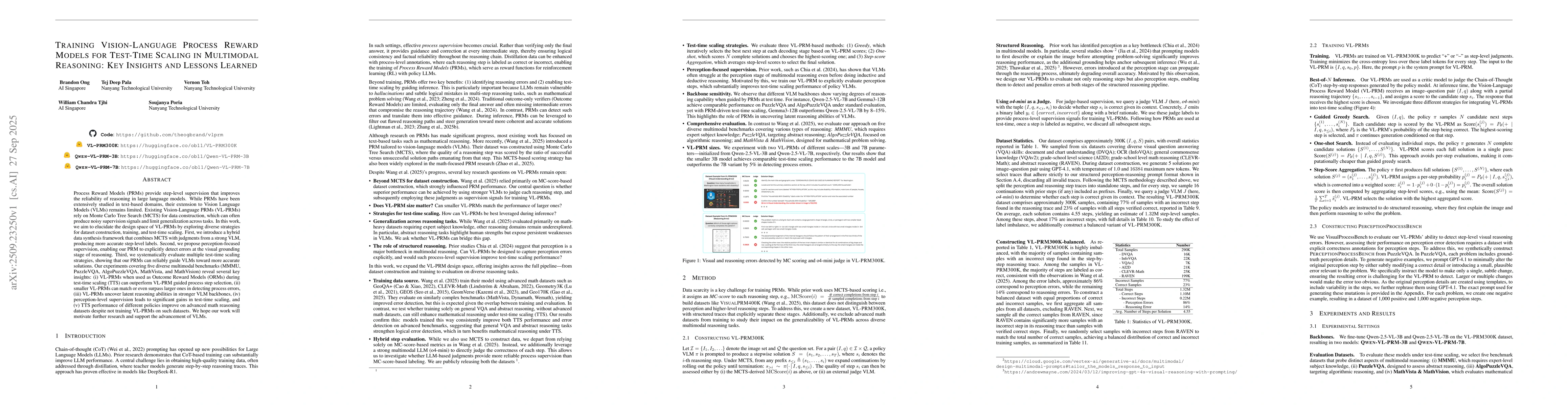 Thumbnail for Training Vision-Language Process Reward Models for Test-Time Scaling in
  Multimodal Reasoning: Key Insights and Lessons Learned