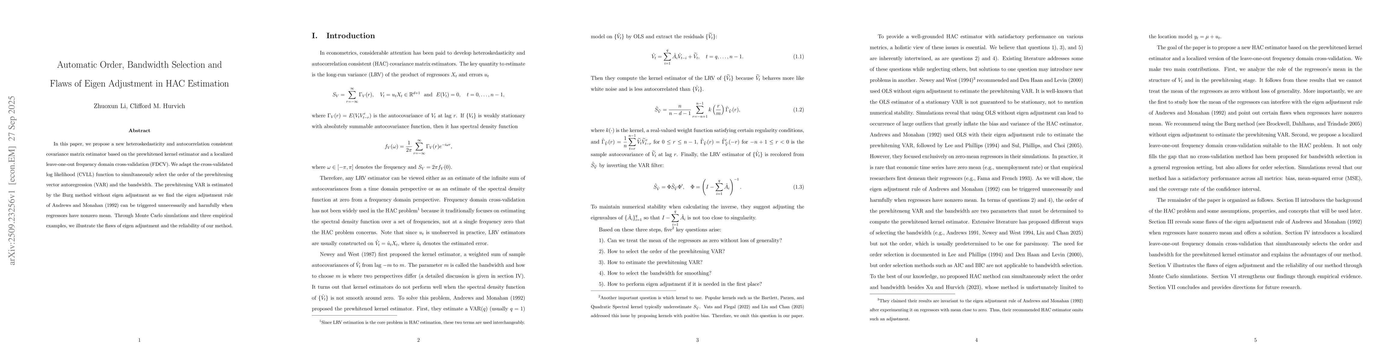Thumbnail for Automatic Order, Bandwidth Selection and Flaws of Eigen Adjustment in
  HAC Estimation