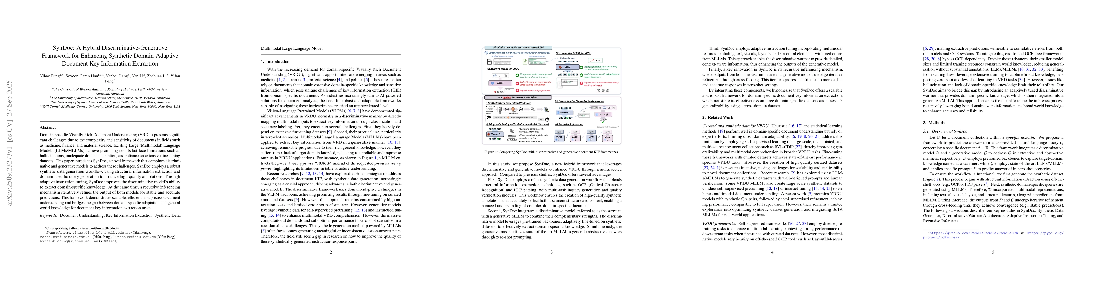Thumbnail for SynDoc: A Hybrid Discriminative-Generative Framework for Enhancing
  Synthetic Domain-Adaptive Document Key Information Extraction