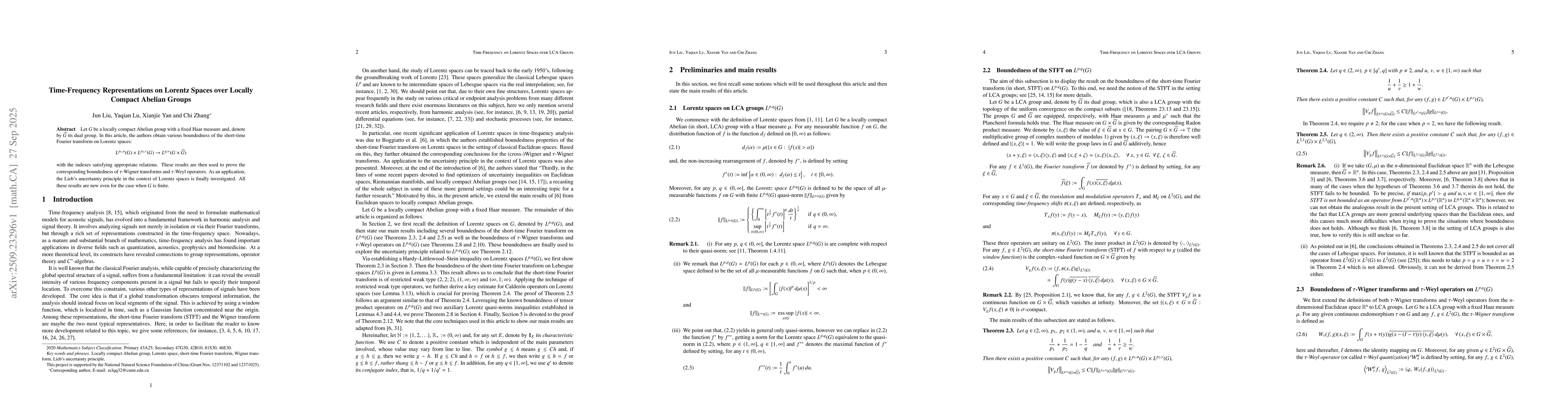 Thumbnail for Time-frequency representations on Lorentz spaces over locally compact
  Abelian groups