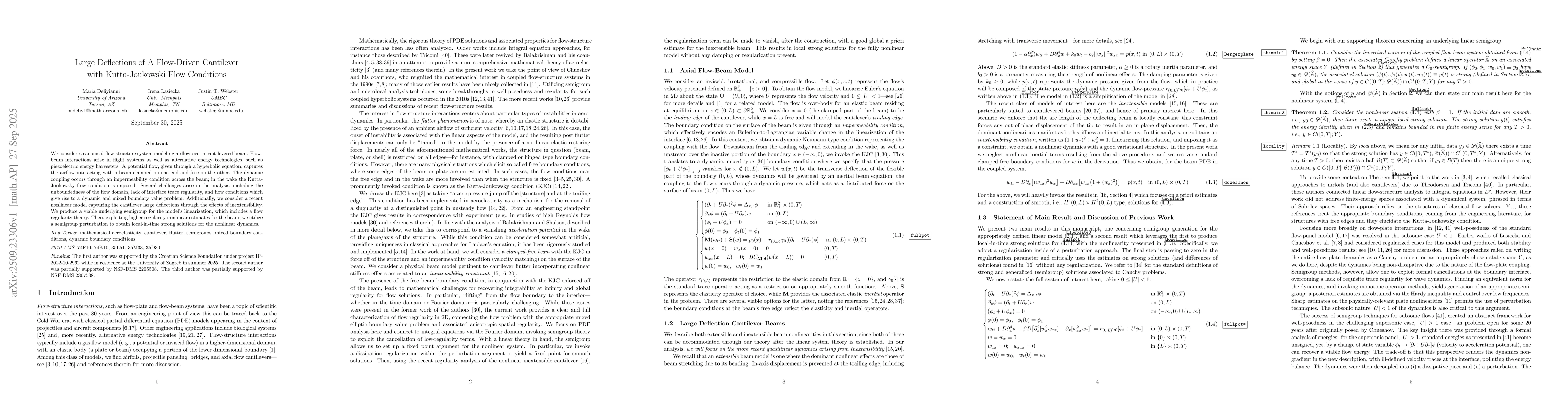 Thumbnail for Large Deflections of A Flow-Driven Cantilever with Kutta-Joukowski Flow
  Conditions