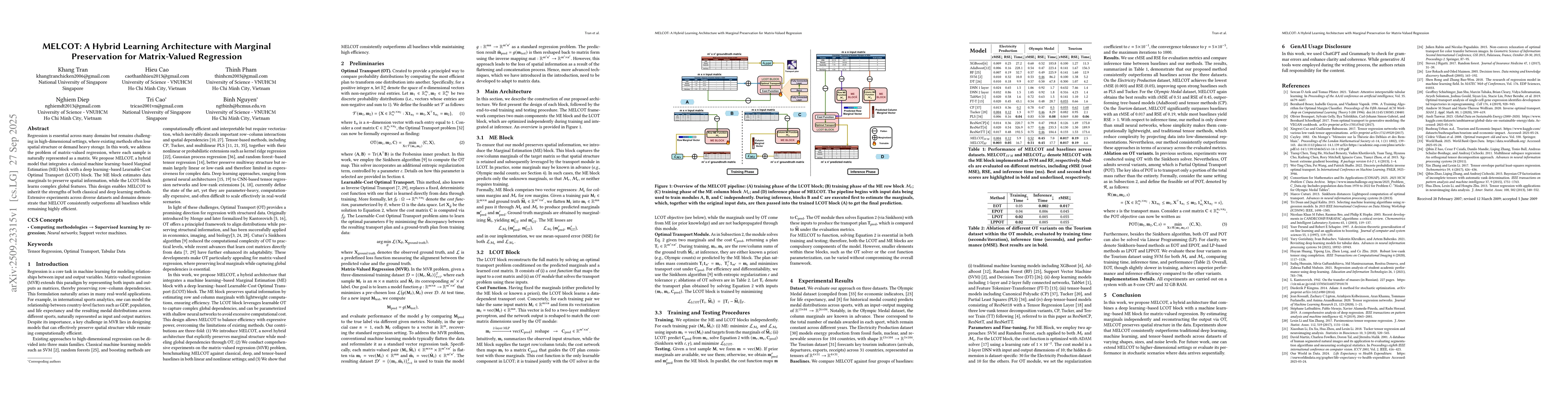 Thumbnail for MELCOT: A Hybrid Learning Architecture with Marginal Preservation for
  Matrix-Valued Regression