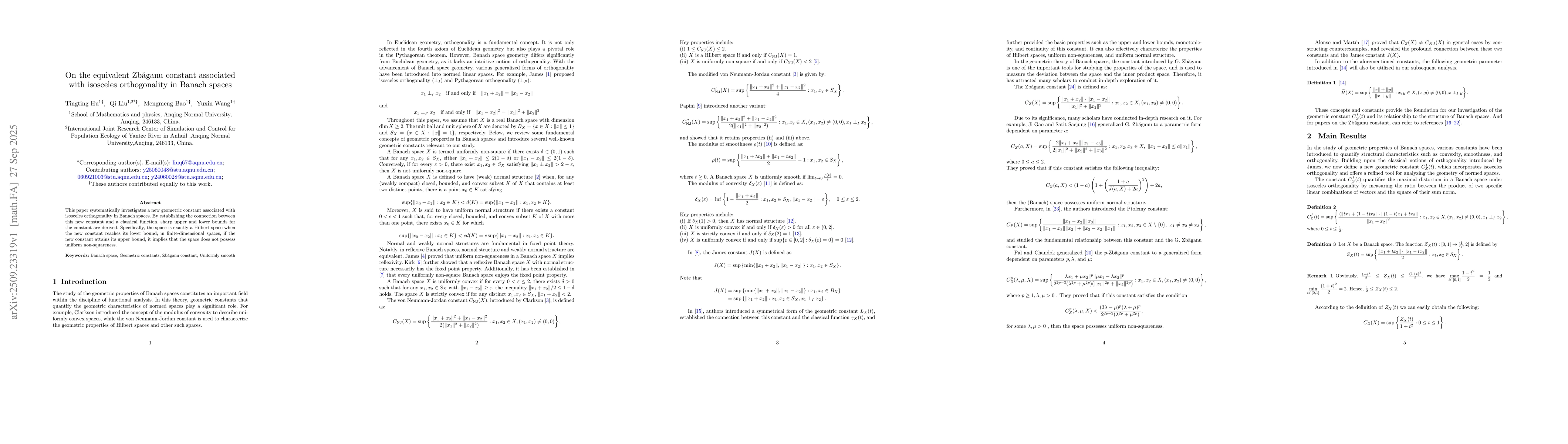 Thumbnail for On the equivalent Zbǎganu constant associated with isosceles
  orthogonality in Banach spaces