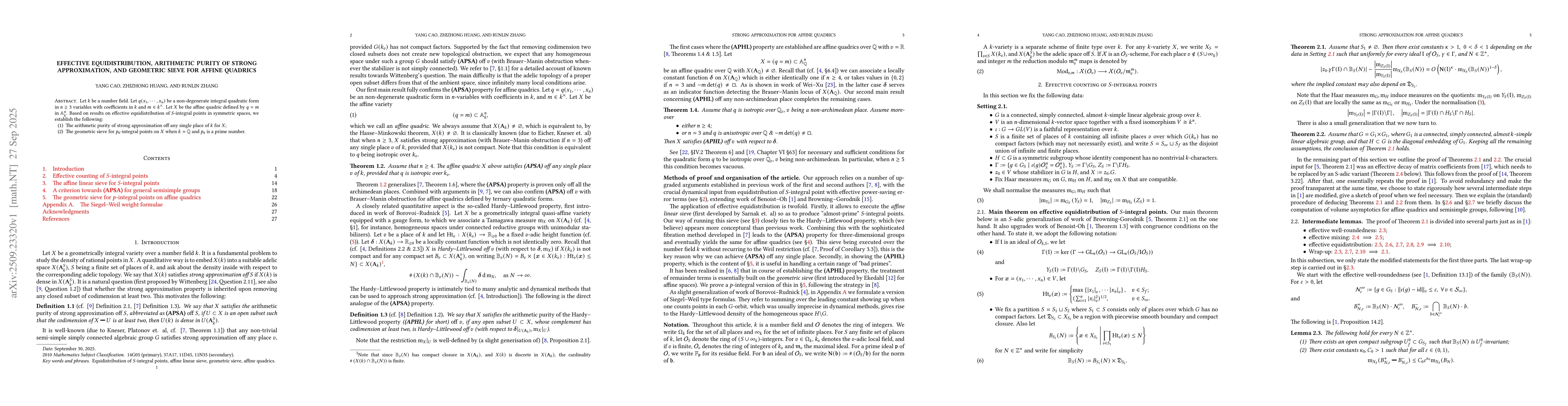 Thumbnail for Effective equidistribution, arithmetic purity of strong approximation,
  and geometric sieve for affine quadrics