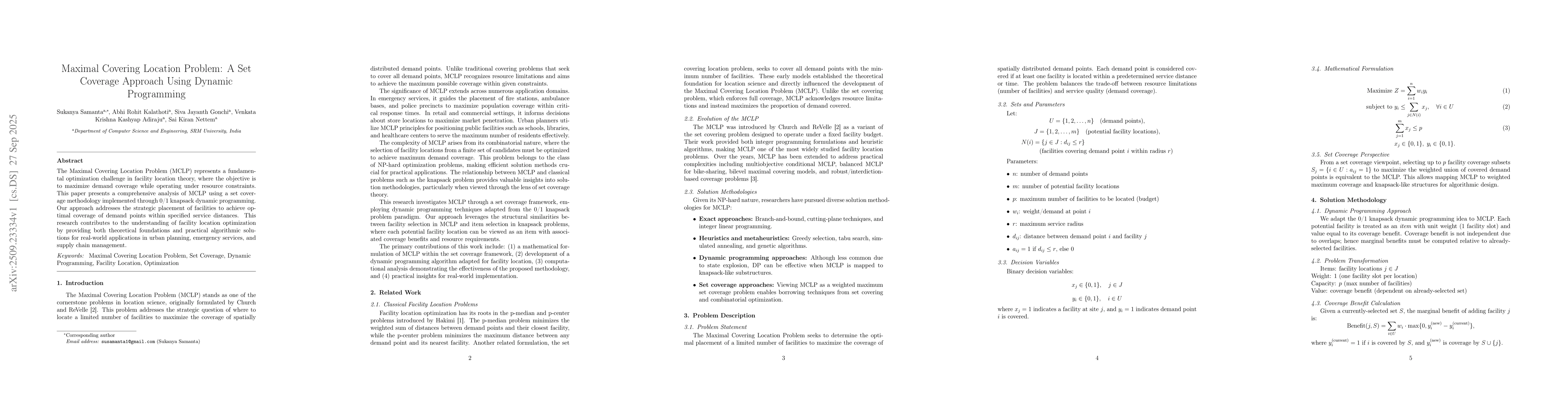 Thumbnail for Maximal Covering Location Problem: A Set Coverage Approach Using Dynamic
  Programming