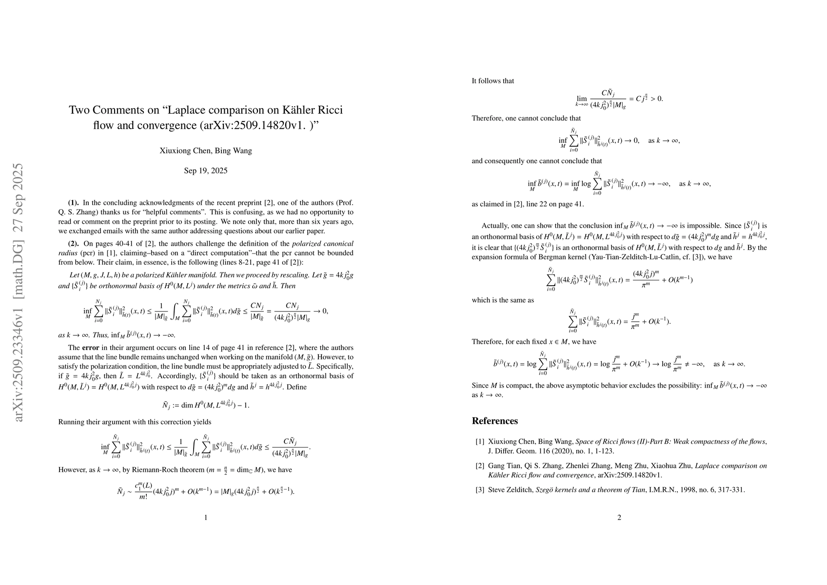 Thumbnail for Two Comments on "Laplace comparison on Kahler Ricci flow and convergence
  (arXiv:2509.14820v1)"