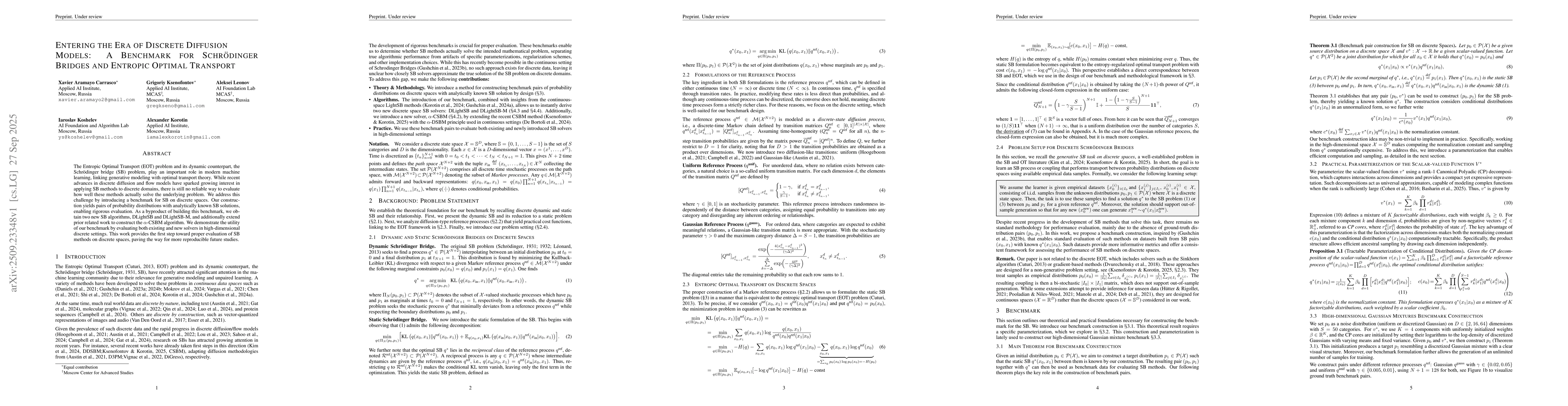Thumbnail for Entering the Era of Discrete Diffusion Models: A Benchmark for
  Schrödinger Bridges and Entropic Optimal Transport