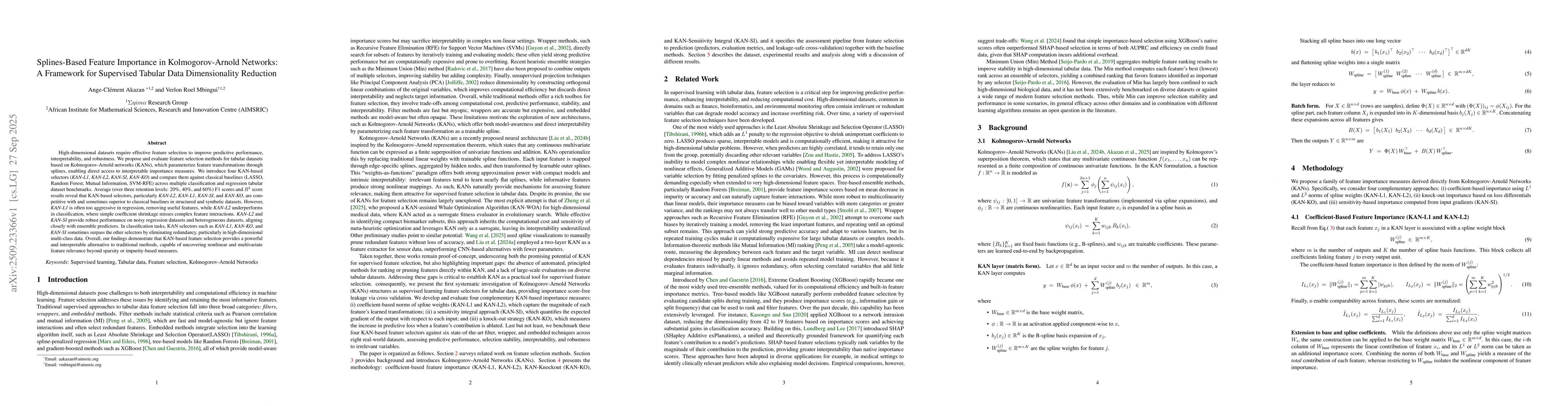 Thumbnail for Splines-Based Feature Importance in Kolmogorov-Arnold Networks: A
  Framework for Supervised Tabular Data Dimensionality Reduction