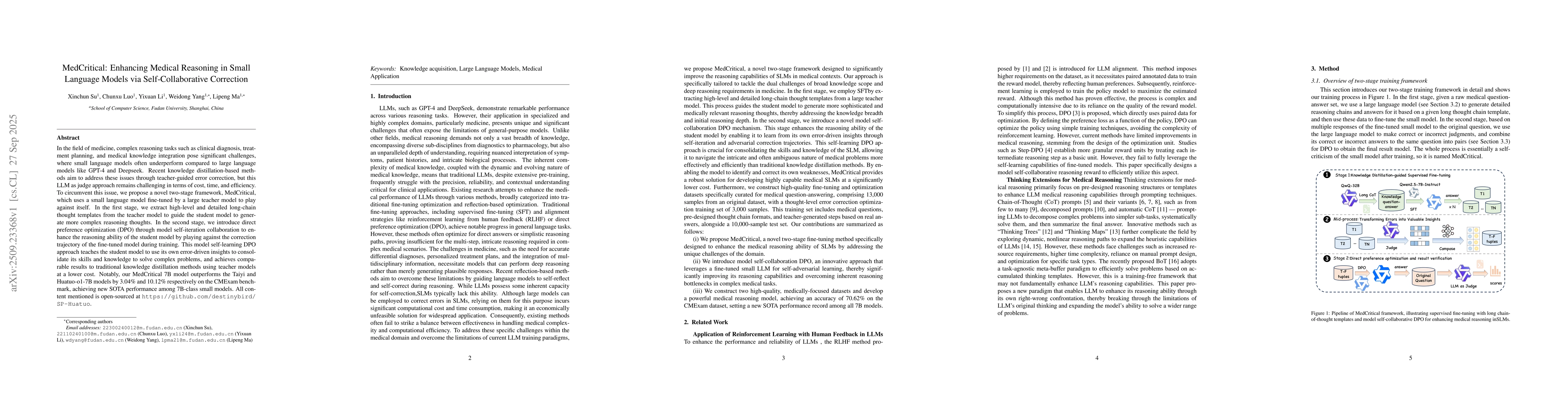 Thumbnail for MedCritical: Enhancing Medical Reasoning in Small Language Models via
  Self-Collaborative Correction