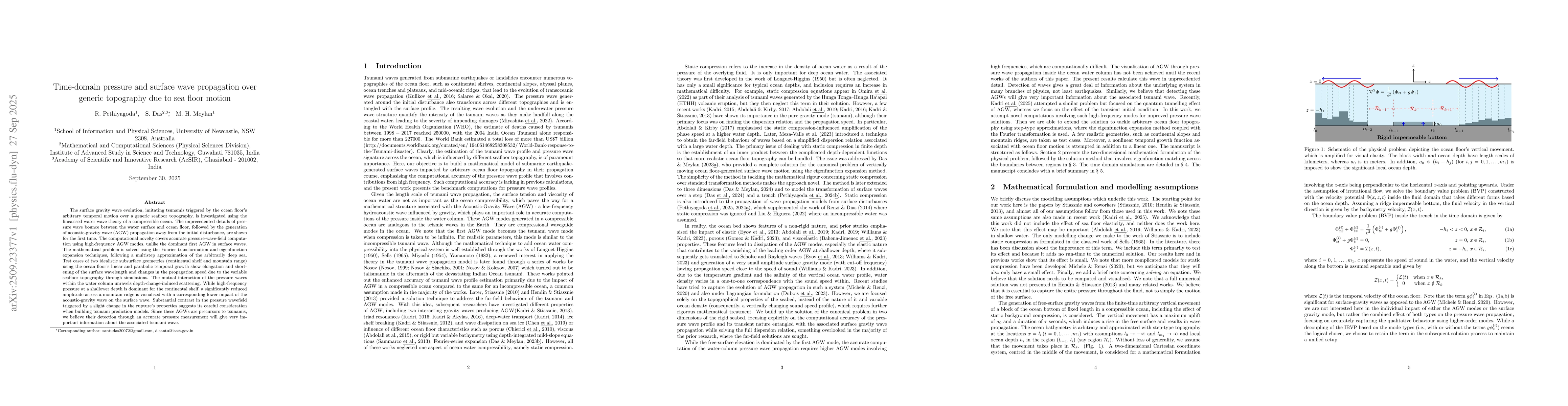 Thumbnail for Time-domain pressure and surface wave propagation over generic
  topography due to sea floor motion